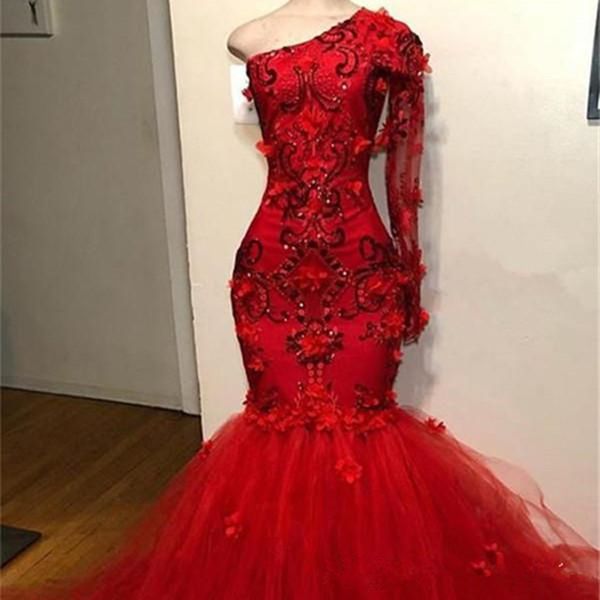 2020 new red one shoulder long illusion sleeve mermaid evening dresses crystal beaded 3d floral appliqued tulle party dresses, Black;red
2020 new red one shoulder long illusion sleeve mermaid evening dresses crystal beaded 3d floral appliqued tulle party dresses, Black;red