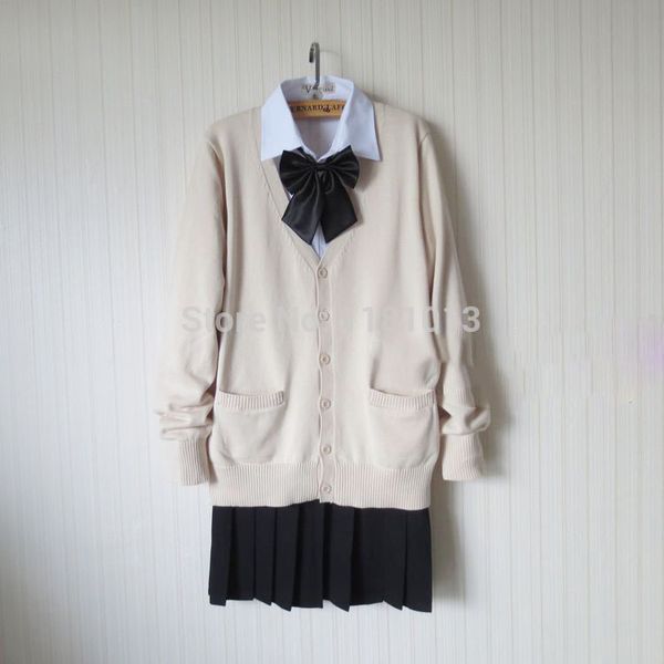 japanese school uniform suit set almond / beige cardigan sweater + solid white long sleeve shirt + pure black pleated skirt, White;black
japanese school uniform suit set almond / beige cardigan sweater + solid white long sleeve shirt + pure black pleated skirt, White;black