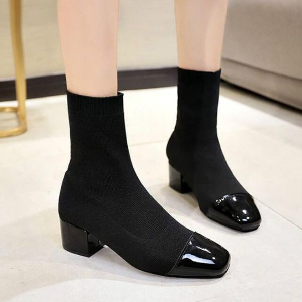 autumn woman shoes knitted wool elastic stockings boots for female patent leather square head stitching women's short booties, Black
autumn woman shoes knitted wool elastic stockings boots for female patent leather square head stitching women's short booties, Black