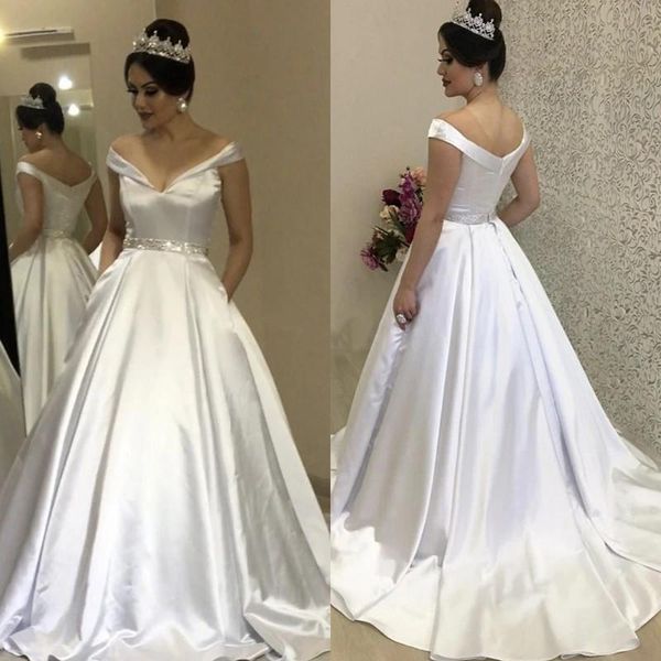 arabic satin a-line wedding dresses off the shoulder beaded sash bridal gowns sweep train garden wedding dress abiti da sposa b64, White
arabic satin a-line wedding dresses off the shoulder beaded sash bridal gowns sweep train garden wedding dress abiti da sposa b64, White