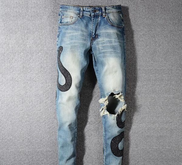snake print new men high street fashion hole jeans light blue punk slim leg trousers men's trousers
snake print new men high street fashion hole jeans light blue punk slim leg trousers men's trousers