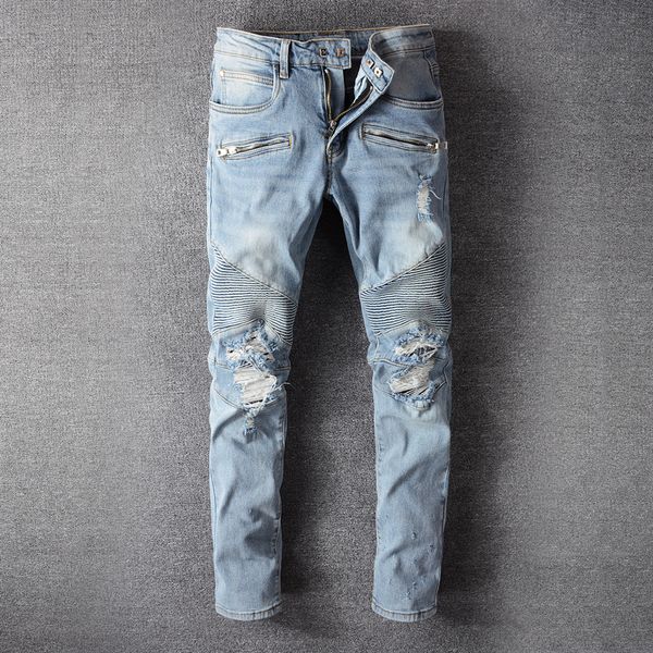 newly fashion men jeans slim fit light blue spliced ripped jeans men denim hip hop pants streetwear biker homme
newly fashion men jeans slim fit light blue spliced ripped jeans men denim hip hop pants streetwear biker homme
