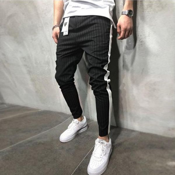 

januarysnow fashionable men's casual pants foreign trade autumn lanyard new stripe color matching men's fitness jogging pants, Black