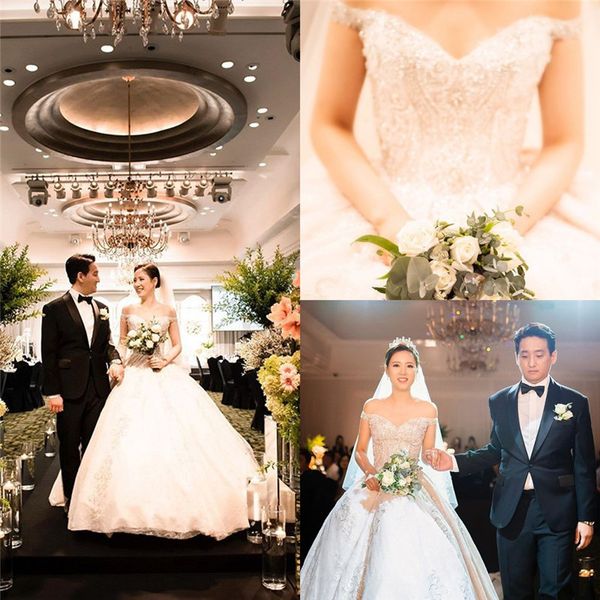 noble off shoulder satin tulle aline wedding dress with long train sleeveless appliques lace bridal dresses cusstom made, White