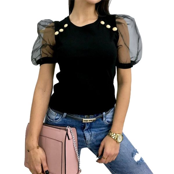 women summer black short-sleeved t-shirt fashion metal button decorated mesh gauze sleeve tees, White
women summer black short-sleeved t-shirt fashion metal button decorated mesh gauze sleeve tees, White