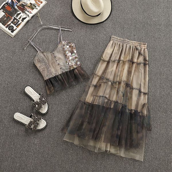 sequined patchwork mesh single breasted ruffles short spaghetti strap shirts blouses+ruched elastic high waist skirts women sets, White
sequined patchwork mesh single breasted ruffles short spaghetti strap shirts blouses+ruched elastic high waist skirts women sets, White