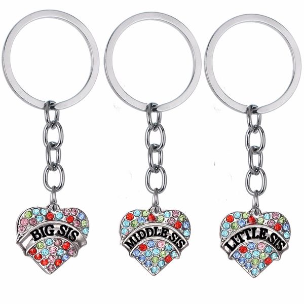 

12pc/lot crystal love heart charms keychain big middle little sis sister keyring for women family friend gifts key chain, Silver