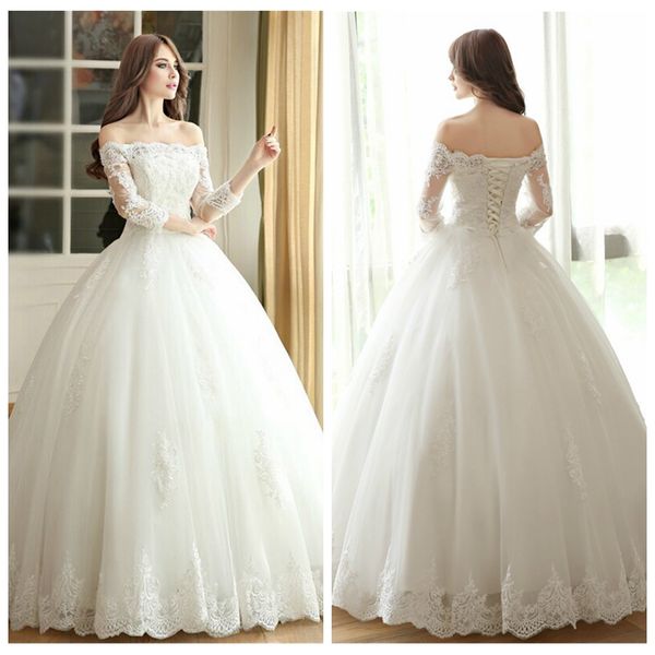 2019 sheer quarter sleeves a-line lace appliques floor length wedding dresses lace up back bridal gowns custom vestidos de mariee, White
2019 sheer quarter sleeves a-line lace appliques floor length wedding dresses lace up back bridal gowns custom vestidos de mariee, White
