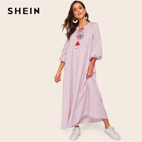 

shein abaya multicolor tassel tie neck bishop sleeve striped maxi dress women spring summer pleated waist loose modest dresses, Black;gray