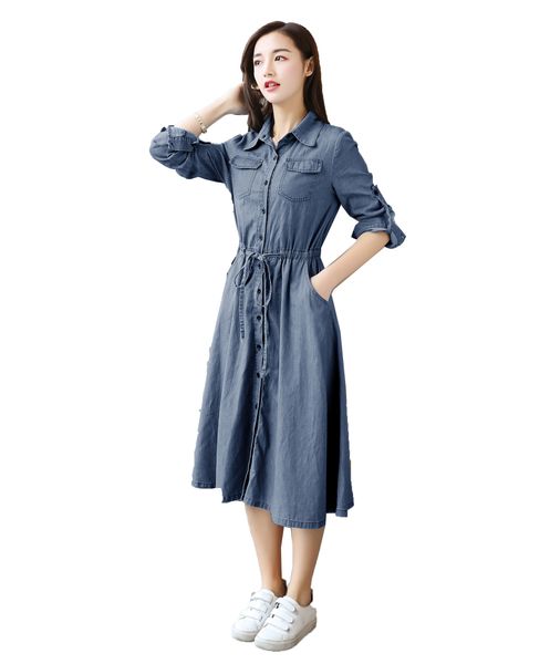2020 women denim dress casual long sleeved loose dresses and new style large size hem design, Black;gray
2020 women denim dress casual long sleeved loose dresses and new style large size hem design, Black;gray