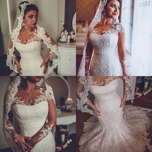 2019 romantic full lace mermaid long sleeves wedding dresses v neck illusion sheer covered button backless vintage applique bridal gowns, White
2019 romantic full lace mermaid long sleeves wedding dresses v neck illusion sheer covered button backless vintage applique bridal gowns, White