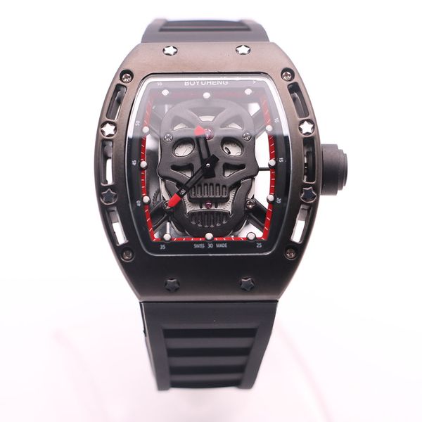 super cool boyuheng baterry 43mm black skull skeleton dial two red hands mens watches tonneau case transparent quartz movement wristwatches, Slivery;brown
super cool boyuheng baterry 43mm black skull skeleton dial two red hands mens watches tonneau case transparent quartz movement wristwatches, Slivery;brown