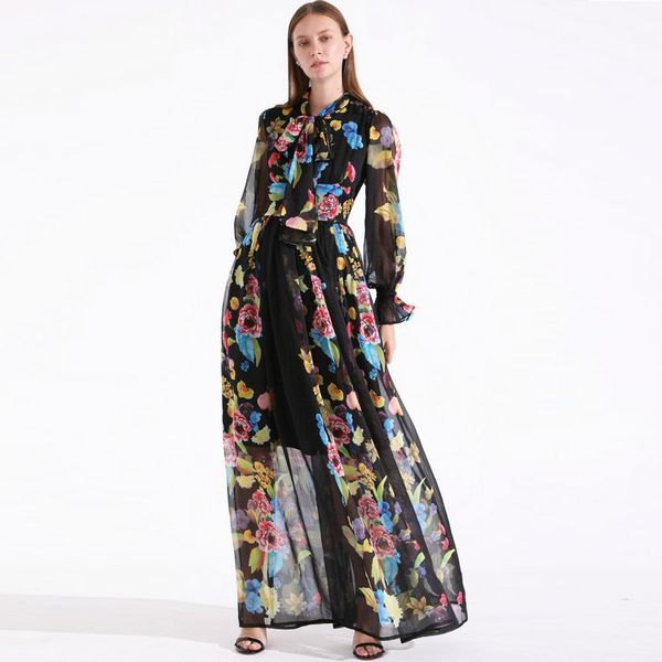 2019 women's runway dresses sash bow collar long sleeves ruffles floral printed elegant maxi casual holiday dresses, Black
2019 women's runway dresses sash bow collar long sleeves ruffles floral printed elegant maxi casual holiday dresses, Black