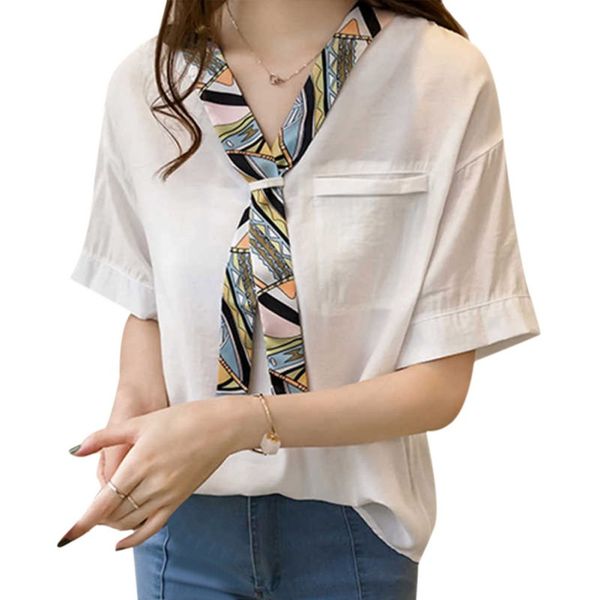 women stitching collar bow tie shirt cotton blouse college style five-point sleeve loose thin shirt, White
women stitching collar bow tie shirt cotton blouse college style five-point sleeve loose thin shirt, White