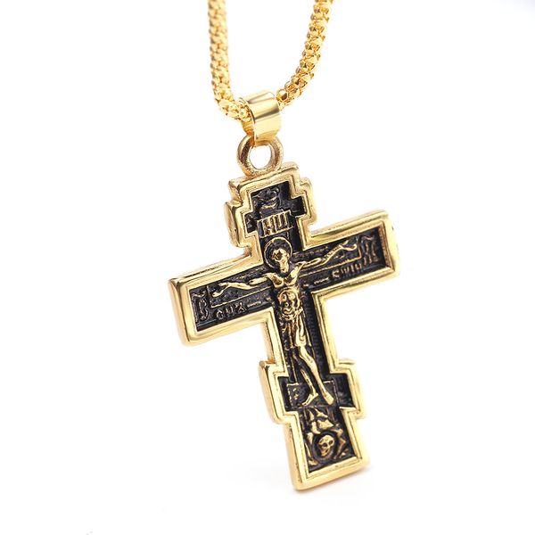 

vintage christian orthodox crucifix jesus russian cross prayer big pendant gold color long chain men women religion jewelry gift, Silver