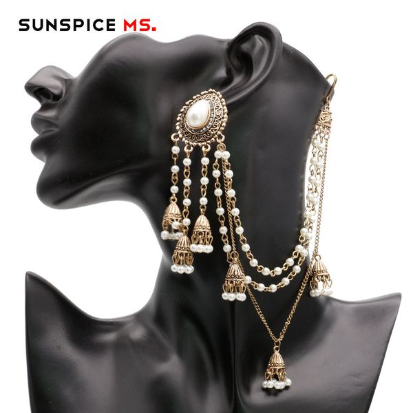 sunspicems indian earring link headdress jewelry handmade bead chain with metal pendant antique gold color fashion bridal bijoux, Silver 
sunspicems indian earring link headdress jewelry handmade bead chain with metal pendant antique gold color fashion bridal bijoux, Silver