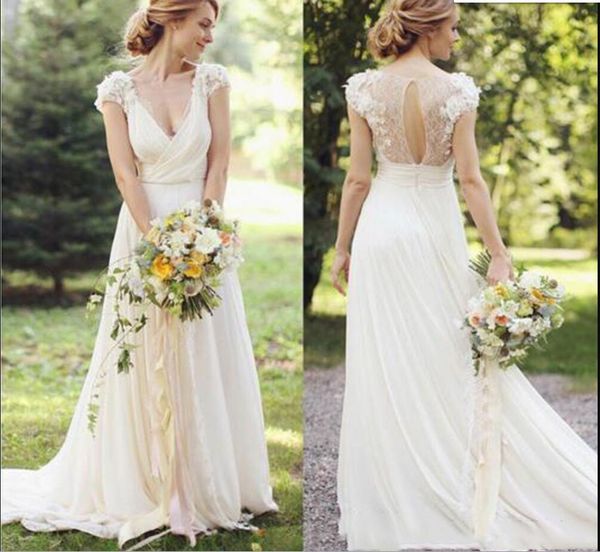 sheer lace boho beach wedding dresses illusion bodice v neck sweep train draped chiffon a line garden bridal gowns, White
sheer lace boho beach wedding dresses illusion bodice v neck sweep train draped chiffon a line garden bridal gowns, White