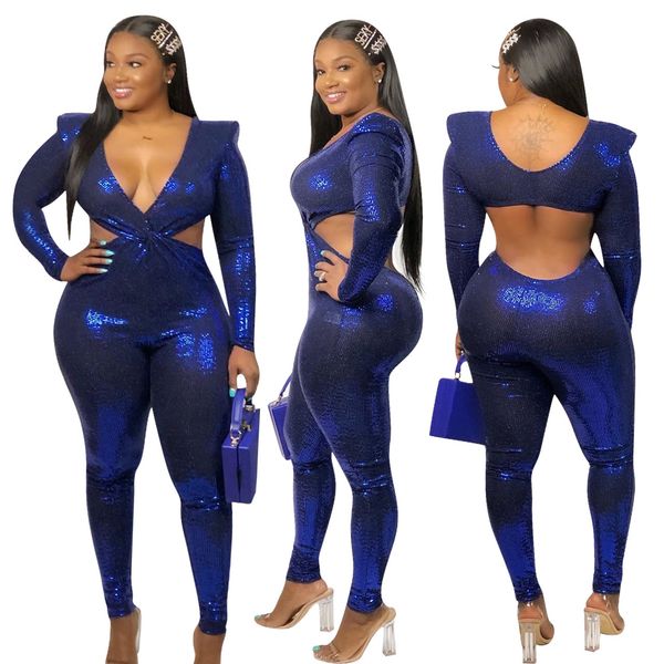 women long sleeves v neck hollow out bodycon club party shiny sequins slim long bandage jumpsuit evening rompers one piece jumpsuit, Black;white