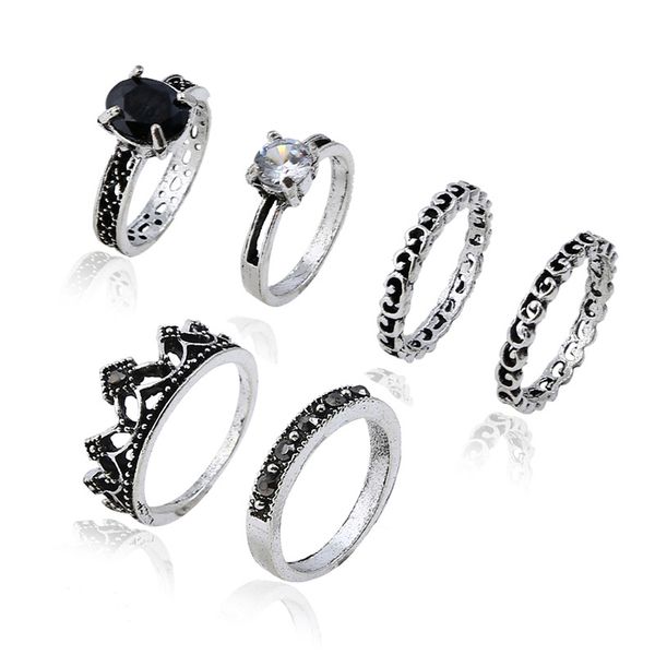 explosive european and american jewelry retro diamond-inlaid carved crown star gemstone 6-piece set ring, Silver
explosive european and american jewelry retro diamond-inlaid carved crown star gemstone 6-piece set ring, Silver