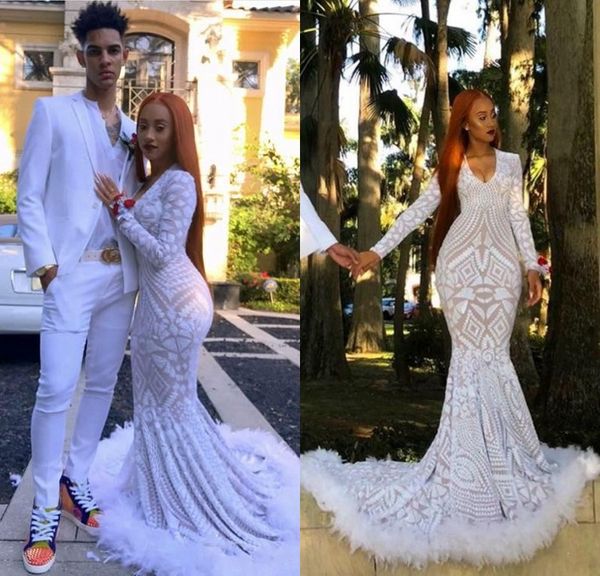 2019 African Mermaid Feather White Prom Dresses Long Sleeves Black Girls Prom Dresses Sequined Evening Dresses robe de soiree
2019 African Mermaid Feather White Prom Dresses Long Sleeves Black Girls Prom Dresses Sequined Evening Dresses robe de soiree