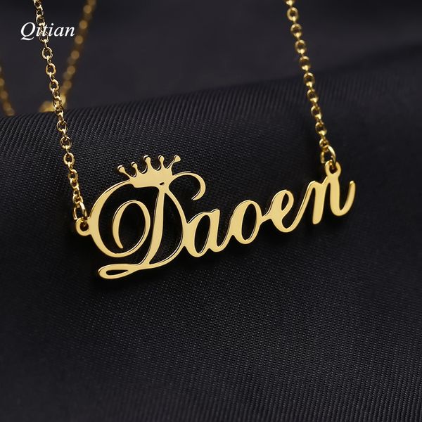 cursive crown name necklace personalized customized nameplate necklaces for birthday gift gold stainless steel jewelry, Golden;silver 
cursive crown name necklace personalized customized nameplate necklaces for birthday gift gold stainless steel jewelry, Golden;silver