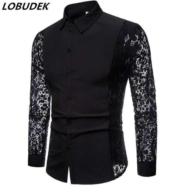 men's dress shirts men tuxedo black white lace sleeve slim fit shirt solid transparent casual bar club party spring autumn, White;black
men's dress shirts men tuxedo black white lace sleeve slim fit shirt solid transparent casual bar club party spring autumn, White;black
