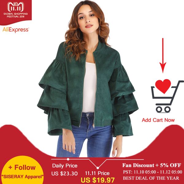 2018 fashion green ruffle sleeve bomber jacket outwear women coat casual zipper up basic jacket female short baseball, Black;brown
2018 fashion green ruffle sleeve bomber jacket outwear women coat casual zipper up basic jacket female short baseball, Black;brown
