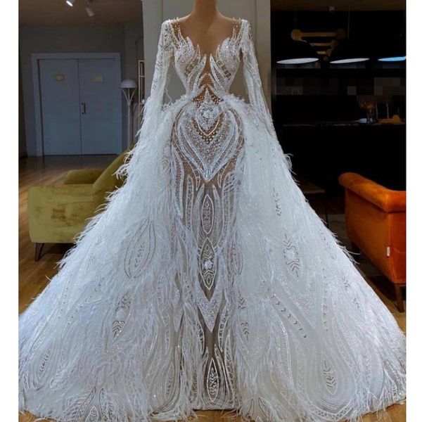 luxury feathers overskirts wedding dresses arabic long sleeves appliques beads sheer neck mermaid bridal dress vestidos de noiva, White
luxury feathers overskirts wedding dresses arabic long sleeves appliques beads sheer neck mermaid bridal dress vestidos de noiva, White