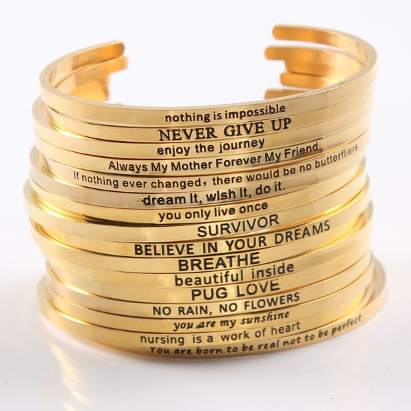 2017 gold color bracelet bangle stainless steel bar engraved positive inspirational quote cuff mantra bracelet bangle for women, Black
2017 gold color bracelet bangle stainless steel bar engraved positive inspirational quote cuff mantra bracelet bangle for women, Black
