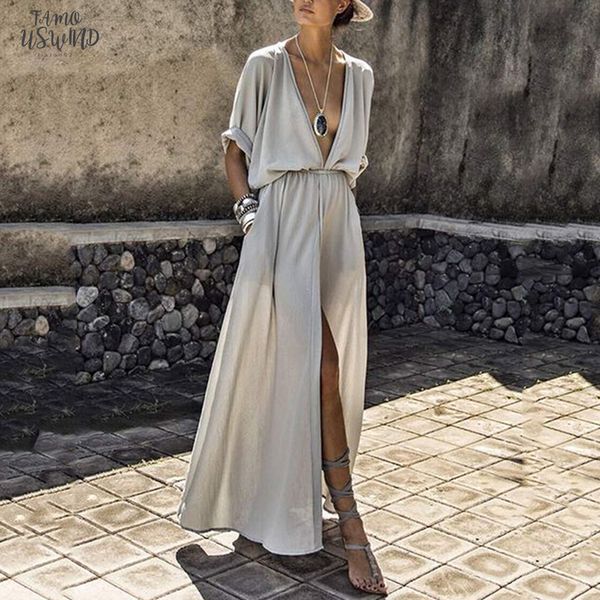 women deep v neck split dress casual half sleeve loose solid sweetwear empire bodycon dresses summer elegant ankle length dresses, Black;gray
women deep v neck split dress casual half sleeve loose solid sweetwear empire bodycon dresses summer elegant ankle length dresses, Black;gray