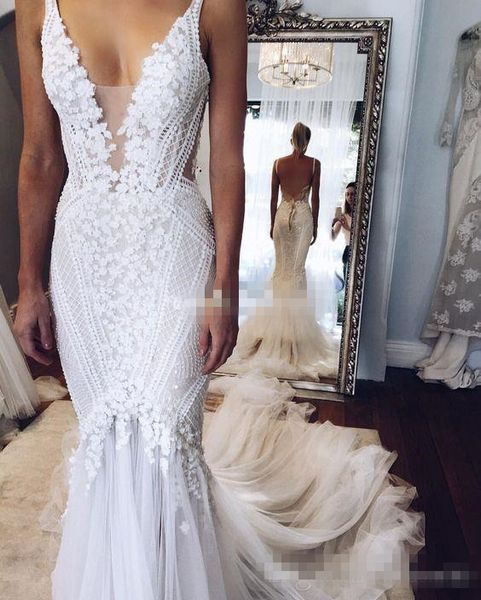 2019 spaghetti straps beach mermaid wedding dresses lace applique sweep train deep v neck tulle custom made wedding bridal gowns, White