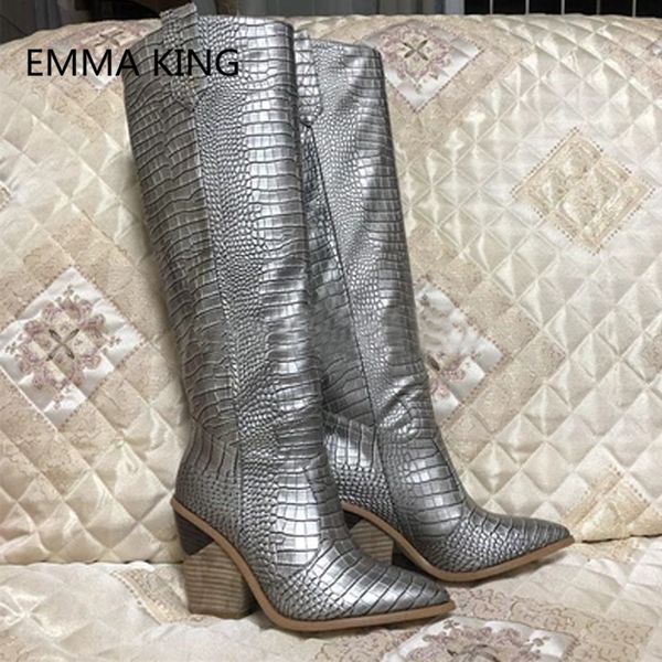 

2019 runway new snake prints leather women knee high boots pointed toe high heel ladies winter wedges shoes woman long boot, Black