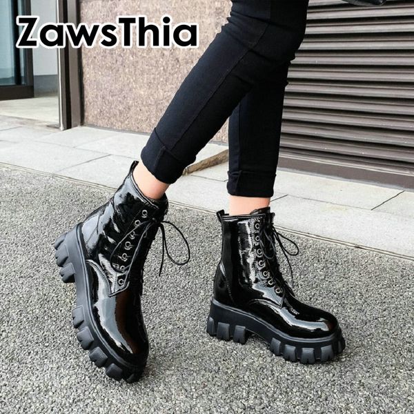 

zawsthia white black patent pu leather platform woman shoes wedges lace up motorcycle boots women ankle boots big size 44 45 46