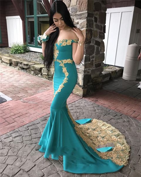 2020 mermaid gold appliques prom dresses off the shoulder satin long evening gown woman vestidos elegantes ballkleid, Black
2020 mermaid gold appliques prom dresses off the shoulder satin long evening gown woman vestidos elegantes ballkleid, Black