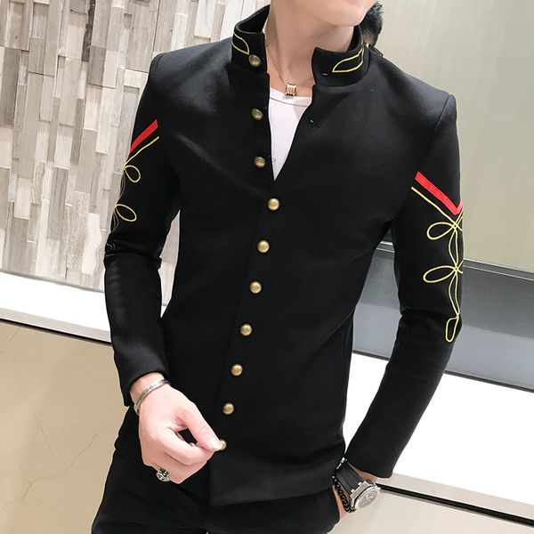 4 color gold button chinese collar suit jacket slim fit mens blazer pattern army pilot jacket men black blue red white blazer, White;black
4 color gold button chinese collar suit jacket slim fit mens blazer pattern army pilot jacket men black blue red white blazer, White;black