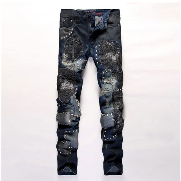 2016 owls embroidery patchwork slim ripped jeans with star rivet for men skinny fashion true denim pants rock&hip hop&nightclub, Blue
2016 owls embroidery patchwork slim ripped jeans with star rivet for men skinny fashion true denim pants rock&hip hop&nightclub, Blue