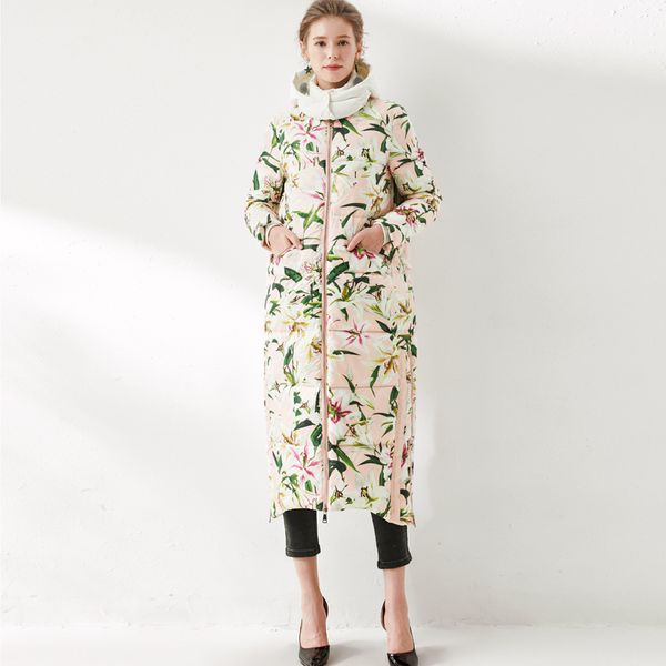 women's winter runway coats hooded collar floral printed white duck down warm parkas elegant long overcoat outerwear, Black
women's winter runway coats hooded collar floral printed white duck down warm parkas elegant long overcoat outerwear, Black