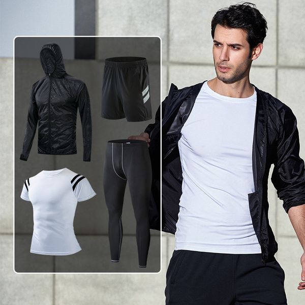 men's spring/summer casual men's quick-dry running training four-piece short-sleeved jacket gym shorts, White;black
men's spring/summer casual men's quick-dry running training four-piece short-sleeved jacket gym shorts, White;black