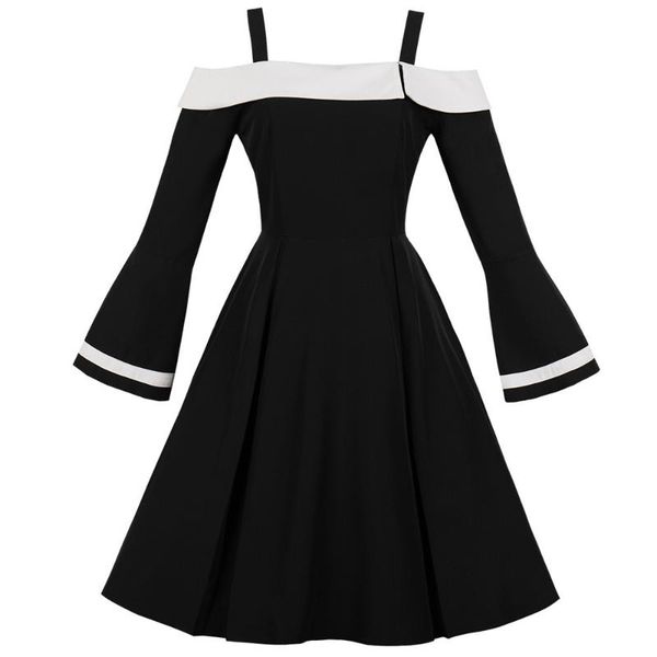 off shoulder sleeves slash neck women vintage dress solid black party retro dress flare long sleeves vestidos robe, Black;gray
off shoulder sleeves slash neck women vintage dress solid black party retro dress flare long sleeves vestidos robe, Black;gray