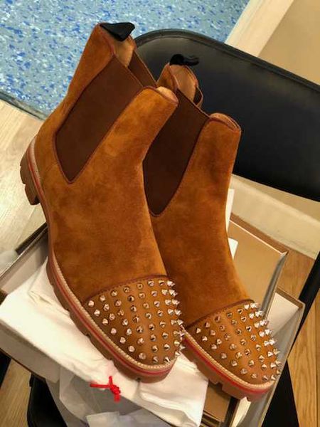 fashion luxury men boots red bottom design men ankle boots low heels genuine leather suede with rivets melon spikes flat short knight bo, Black
fashion luxury men boots red bottom design men ankle boots low heels genuine leather suede with rivets melon spikes flat short knight bo, Black