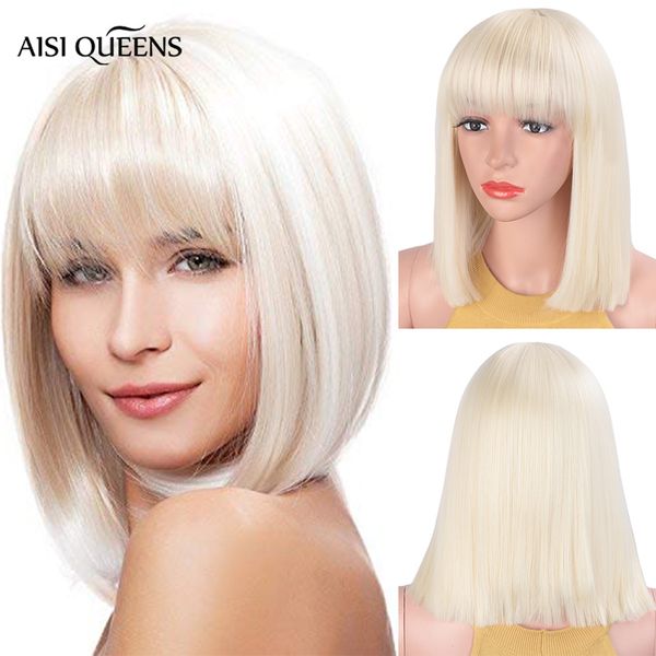 

aisi queens synthetic wigs with bangs straight blonde short natural bob wig for black white women high temperature fiber