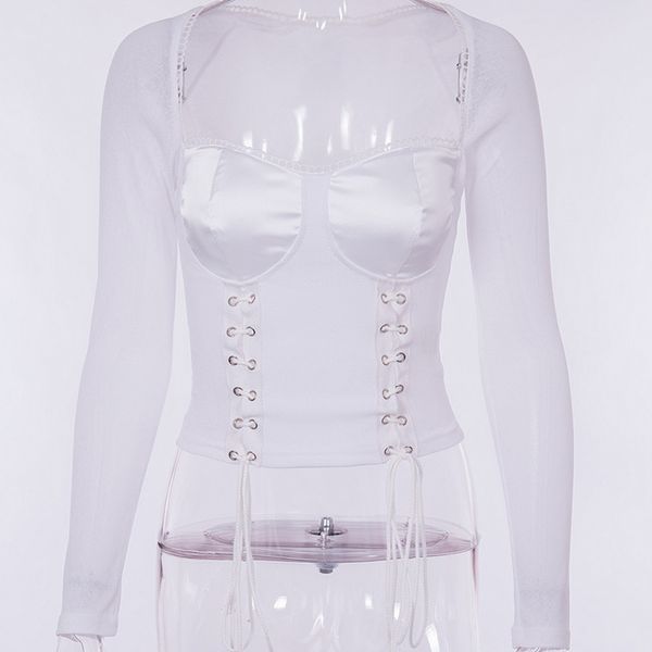 women fashion chest wrap slim base shirt long sleeve party club perspective autumn splice lace up street costumes, White
women fashion chest wrap slim base shirt long sleeve party club perspective autumn splice lace up street costumes, White