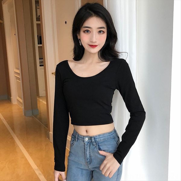 solid color double u-collar long-sleeved navel-exposed t-shirt women's cotton large collar-out back-exposed base shirt short navel-leak, White
solid color double u-collar long-sleeved navel-exposed t-shirt women's cotton large collar-out back-exposed base shirt short navel-leak, White