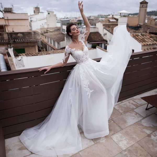 white lace a line bridal dresses long sleeves two pieces country bride dress sheer neck detachable train boho wedding gowns
white lace a line bridal dresses long sleeves two pieces country bride dress sheer neck detachable train boho wedding gowns