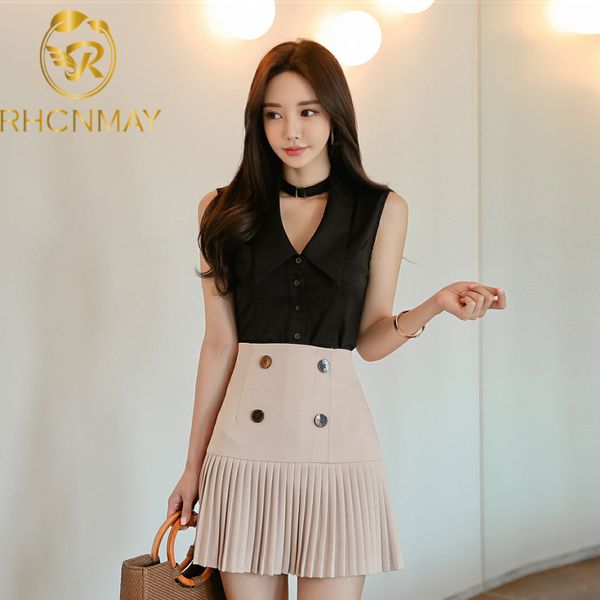2020 summer korean casual streetwear two piece set sleeveless black blouse + empire pleated wrap mini skirt women 2 piece set, White
2020 summer korean casual streetwear two piece set sleeveless black blouse + empire pleated wrap mini skirt women 2 piece set, White