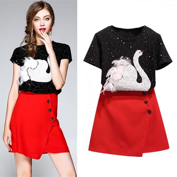 women clothing set summer black sparkle sky print black tees swan sequins feather and red skirts ladies two piece set sl030, White
women clothing set summer black sparkle sky print black tees swan sequins feather and red skirts ladies two piece set sl030, White