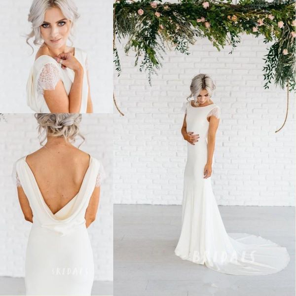 lace cap sleeves long sheath chiffon wedding dresses with cowl back simple elegant beach wedding gowns court train bridal dresses, White
lace cap sleeves long sheath chiffon wedding dresses with cowl back simple elegant beach wedding gowns court train bridal dresses, White