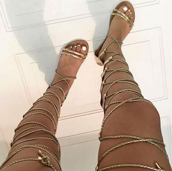 

new 2018 woman gold cut-outs over-the-knee boots ladies peep toe summer gladiator sandals boots girls lace-up flat shoes, Black