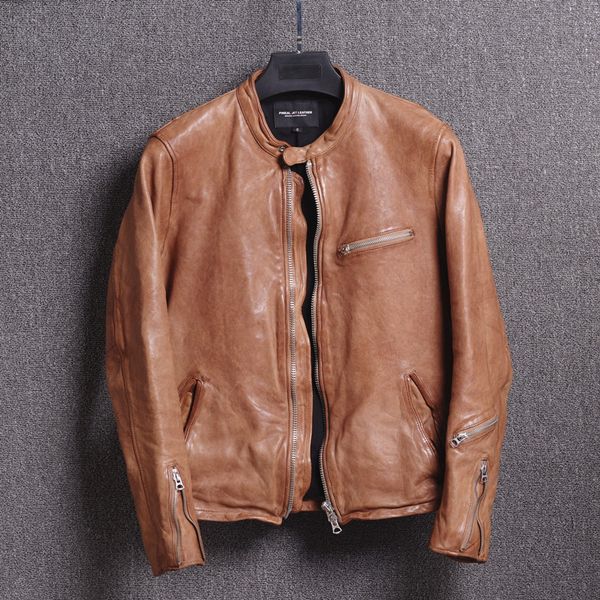men's slim fit real leather jacket fashion wrinkle yellow motorcycle leather jacket men water finish biker male, Black
men's slim fit real leather jacket fashion wrinkle yellow motorcycle leather jacket men water finish biker male, Black