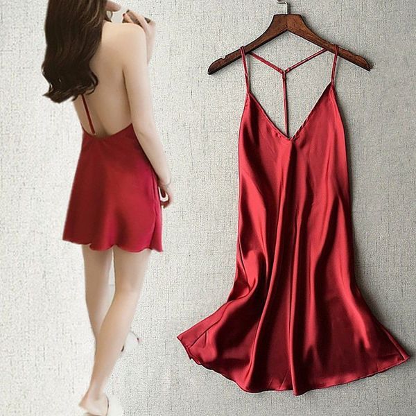 2020 new european and american silk-like womens strap nightdress v-neck solid color backless home service comfortable pajamas, Black;red
2020 new european and american silk-like womens strap nightdress v-neck solid color backless home service comfortable pajamas, Black;red